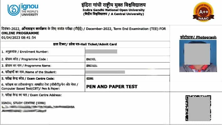 Ignou Online Programme Hall Ticket Download hindi